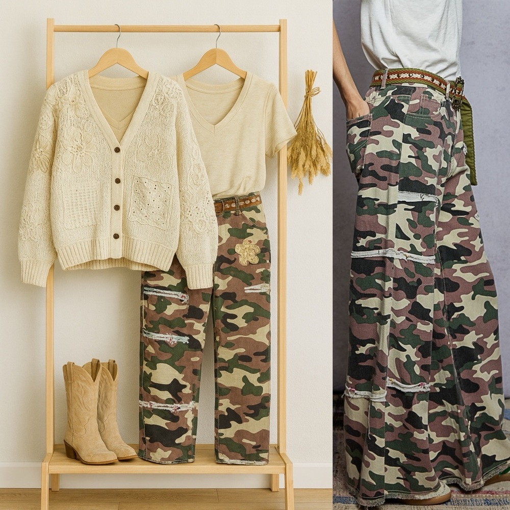 ⚡️ POL “ Studio Stitch ” Wide Leg Patch Pants | Olive Multi - Picture 2 of 7